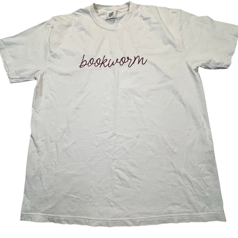 Bookworm Shirt Short Sleeve Beige Embroidered Tee Reader Book Lover Women XL